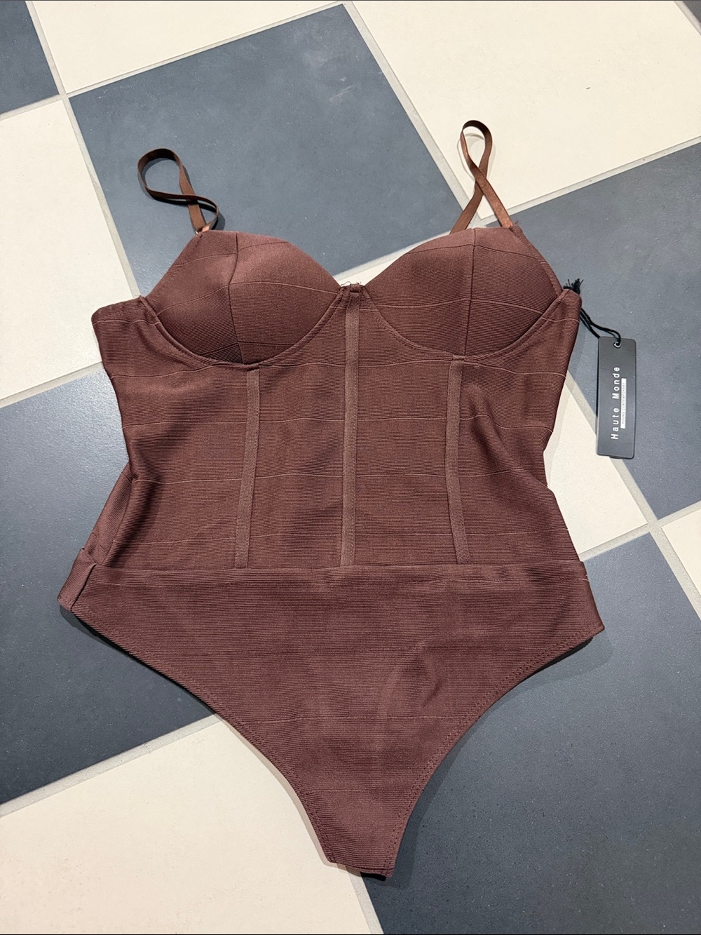 NWT Haute Monde Brown Bustier Bodysuit with Built-In Cups